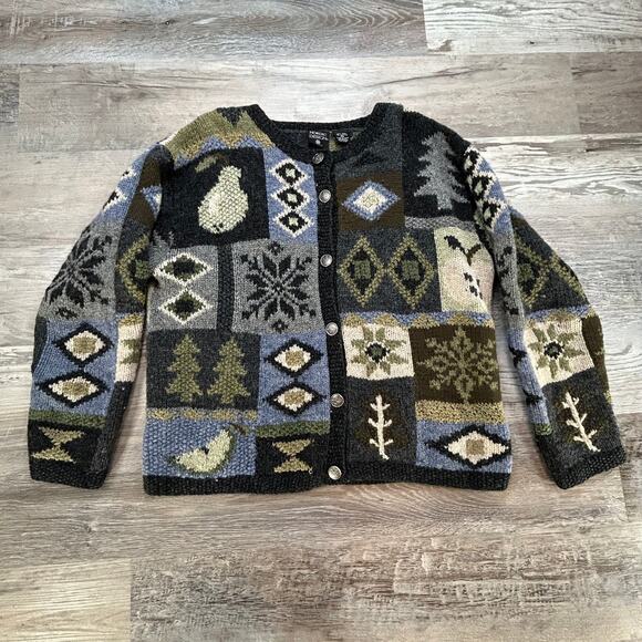 Nordic Design Wool Blend Cardigan Sweater Forest Patchwork Folkcore PM Petite - Picture 1 of 7